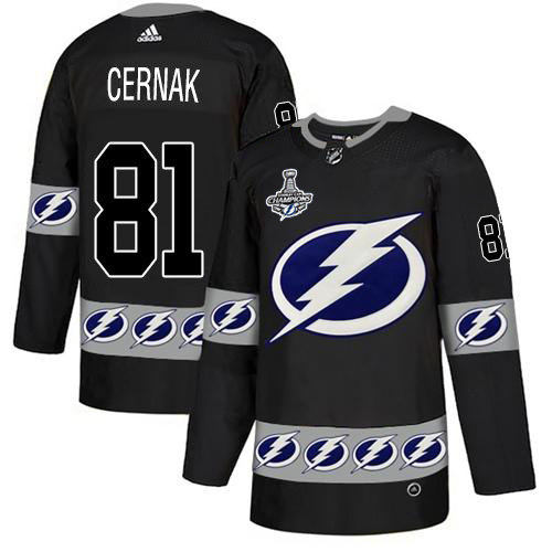 Men Adidas Tampa Bay Lightning #81 Erik Cernak Black Authentic Team Logo Fashion 2020 Stanley Cup Champions Stitched NHL Jersey